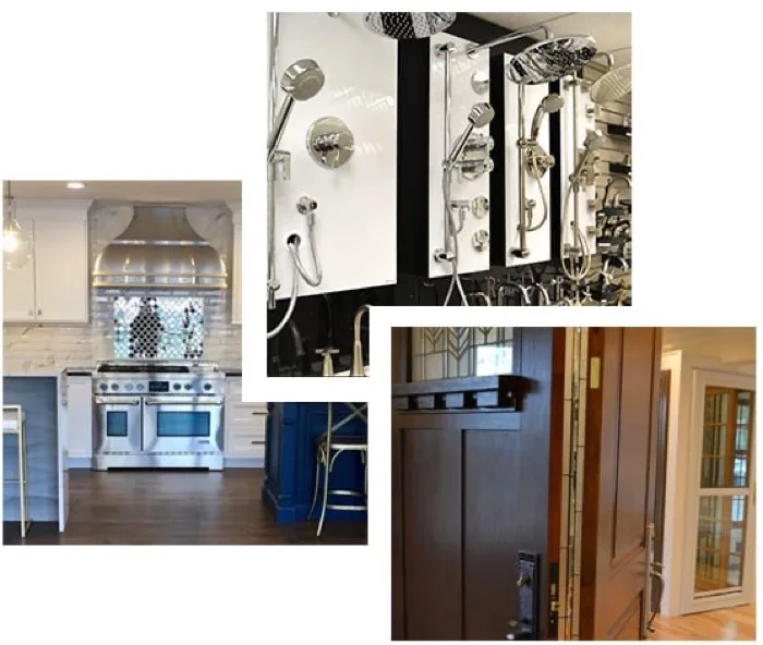 Inside Monk's design showroom, featuring kitchen displays, shower fixtures, and custom doors